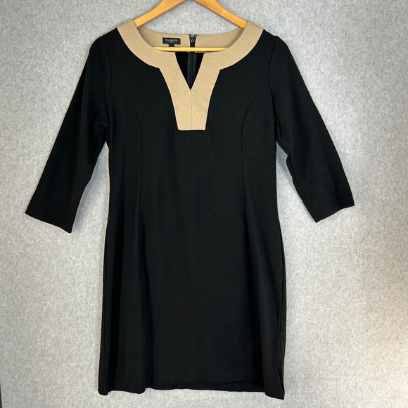 Talbots Dresses & Skirts - Talbots Black Tan V‎ Neck Dress 3/4 Sleeve Ponte Sheath Career Size 6 Petite 6P